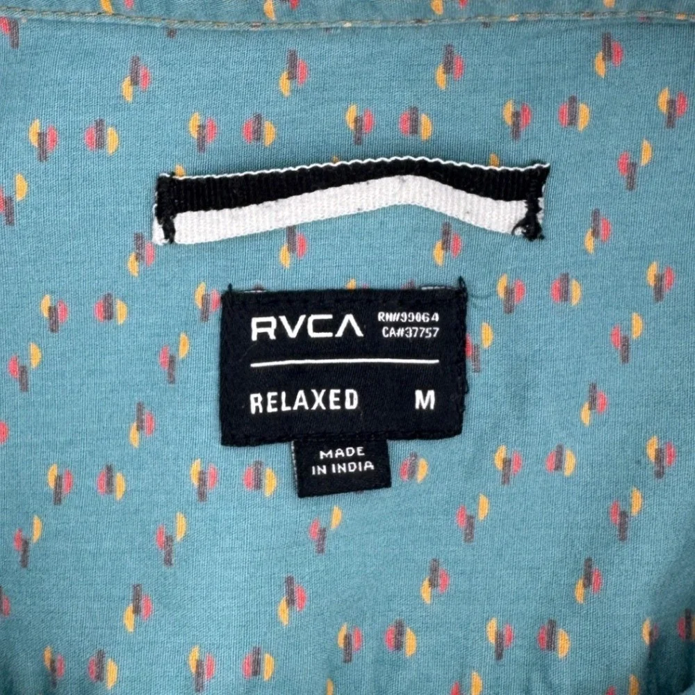 RVCA‎ Mens Relaxed Fit Short Sleeve Button Down Shirt Teal Blue Print Size M - Picture 4 of 6